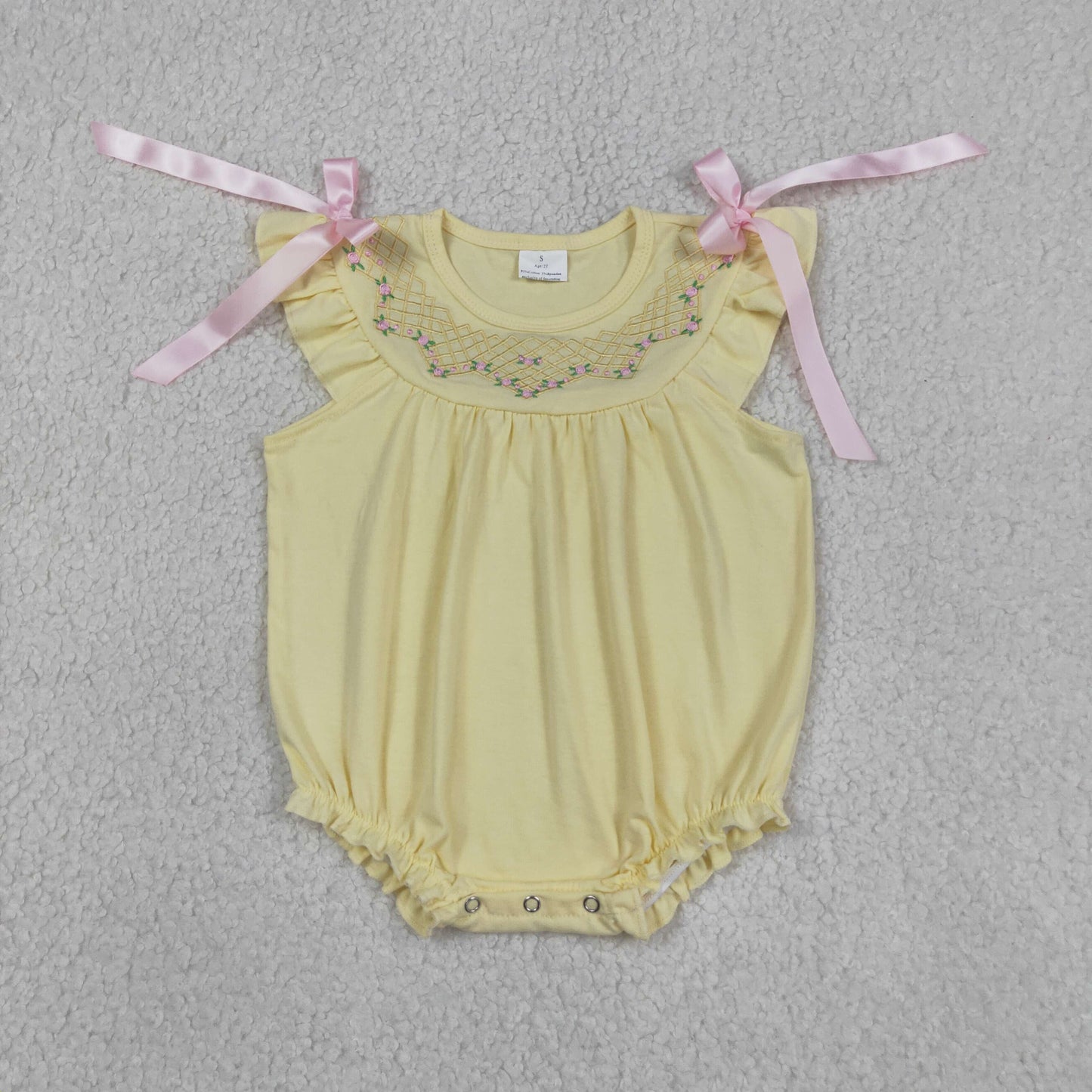 Embroidery Flowers Checked Baby Girls Bows Flutter Sleeve Ruffle Rompers