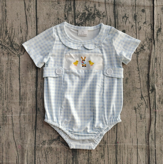 Baby Girls Blue Checked Rabbits Chicks Easter Collar Rompers
