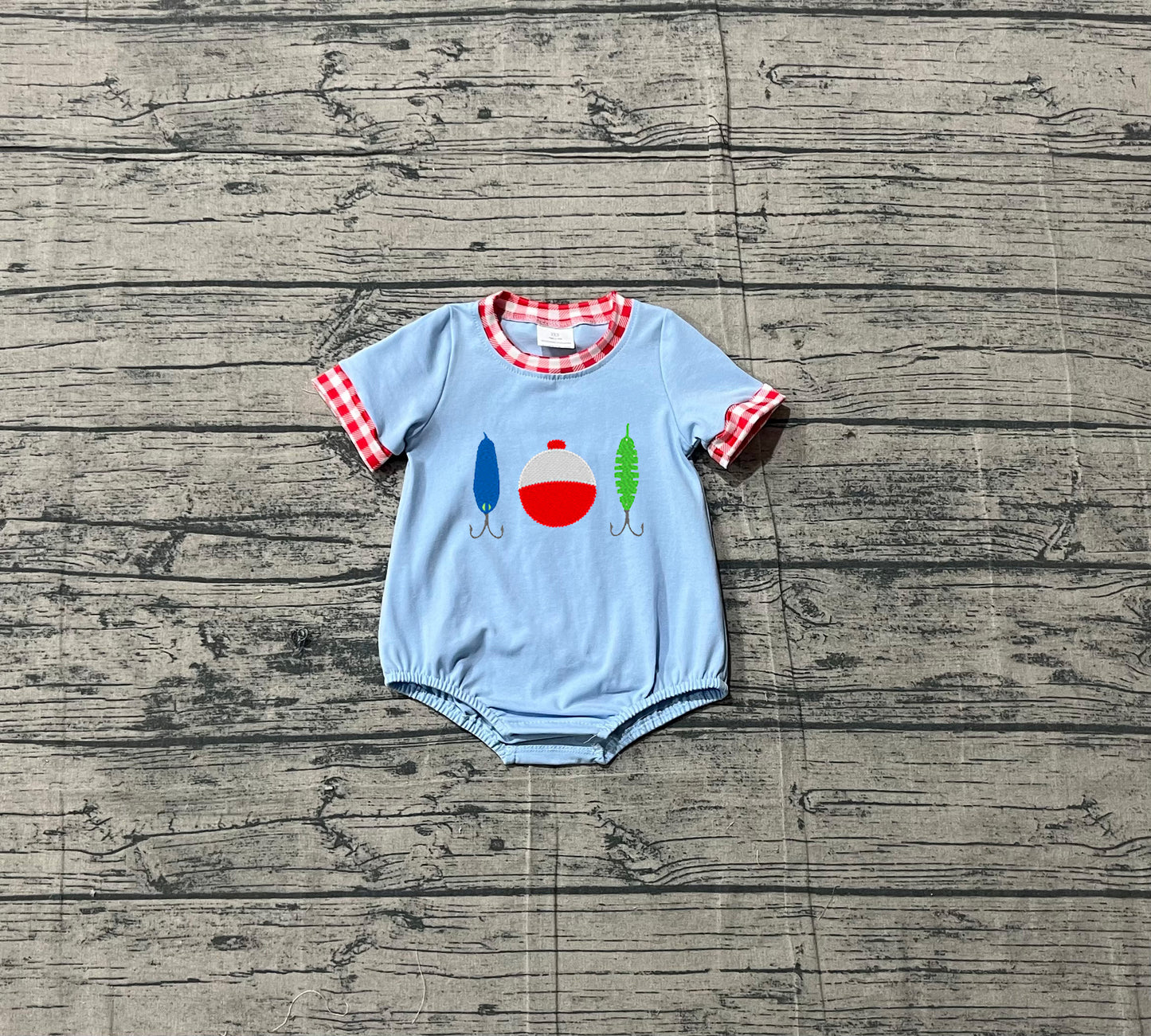 Embroidery Fishing Baby Boys Blue Short Sleeve Hunting Rompers Preorder