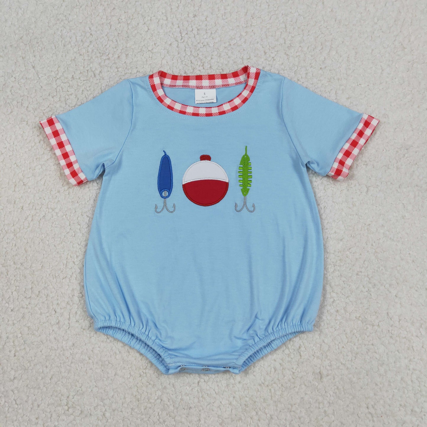 Embroidery Fishing Baby Boys Blue Short Sleeve Hunting Rompers