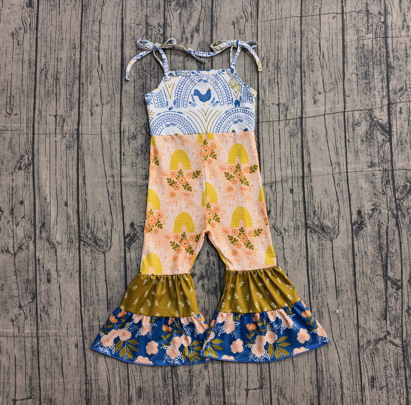 Baby Girls Strap Farm Chicks Flowers Patchwork Bell Bottom Jumpsuits