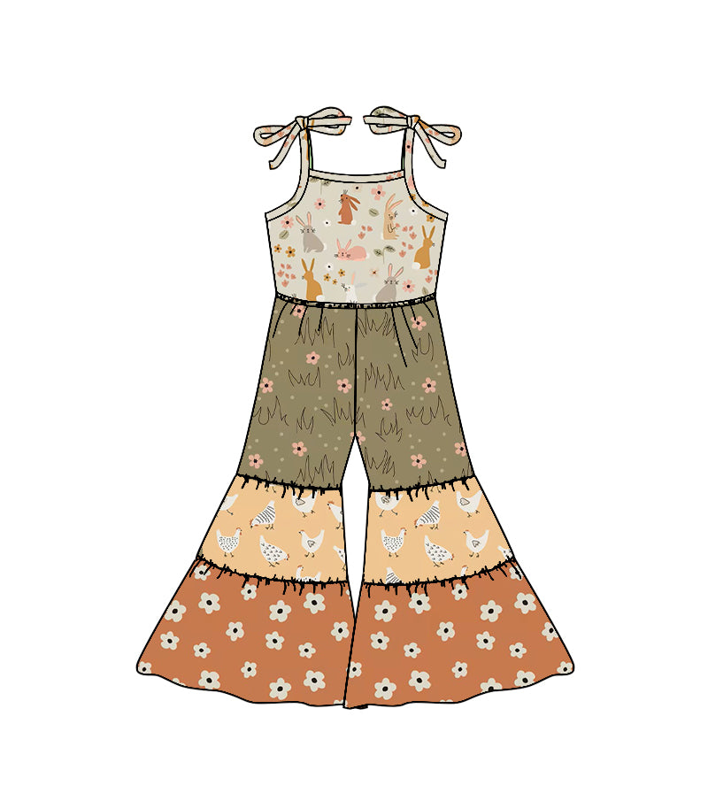 Baby Girls Strap Rabbits Chicks Easter Patchwork Bell Bottom Jumpsuits Preorder