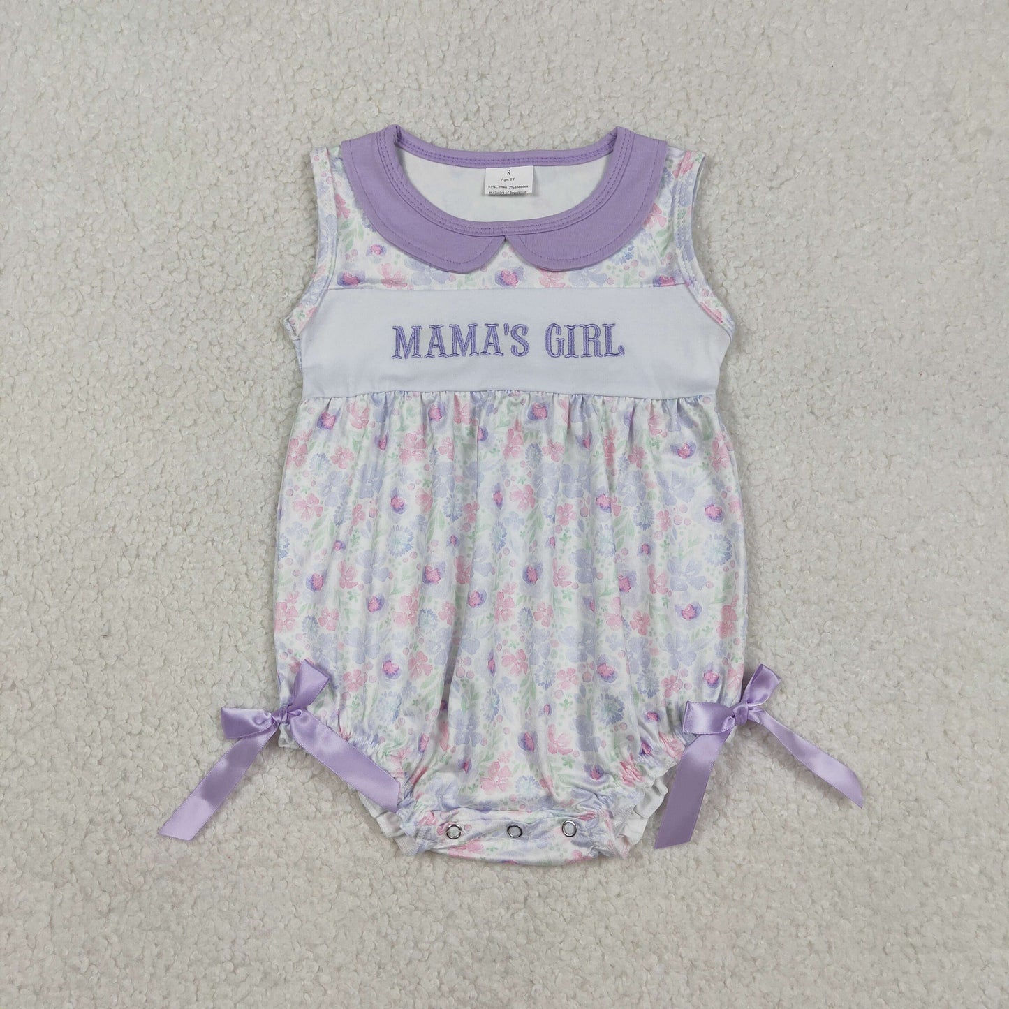 Embroidery Mama's Girl Sleeveless Lavender Floral Collar Bows Rompers