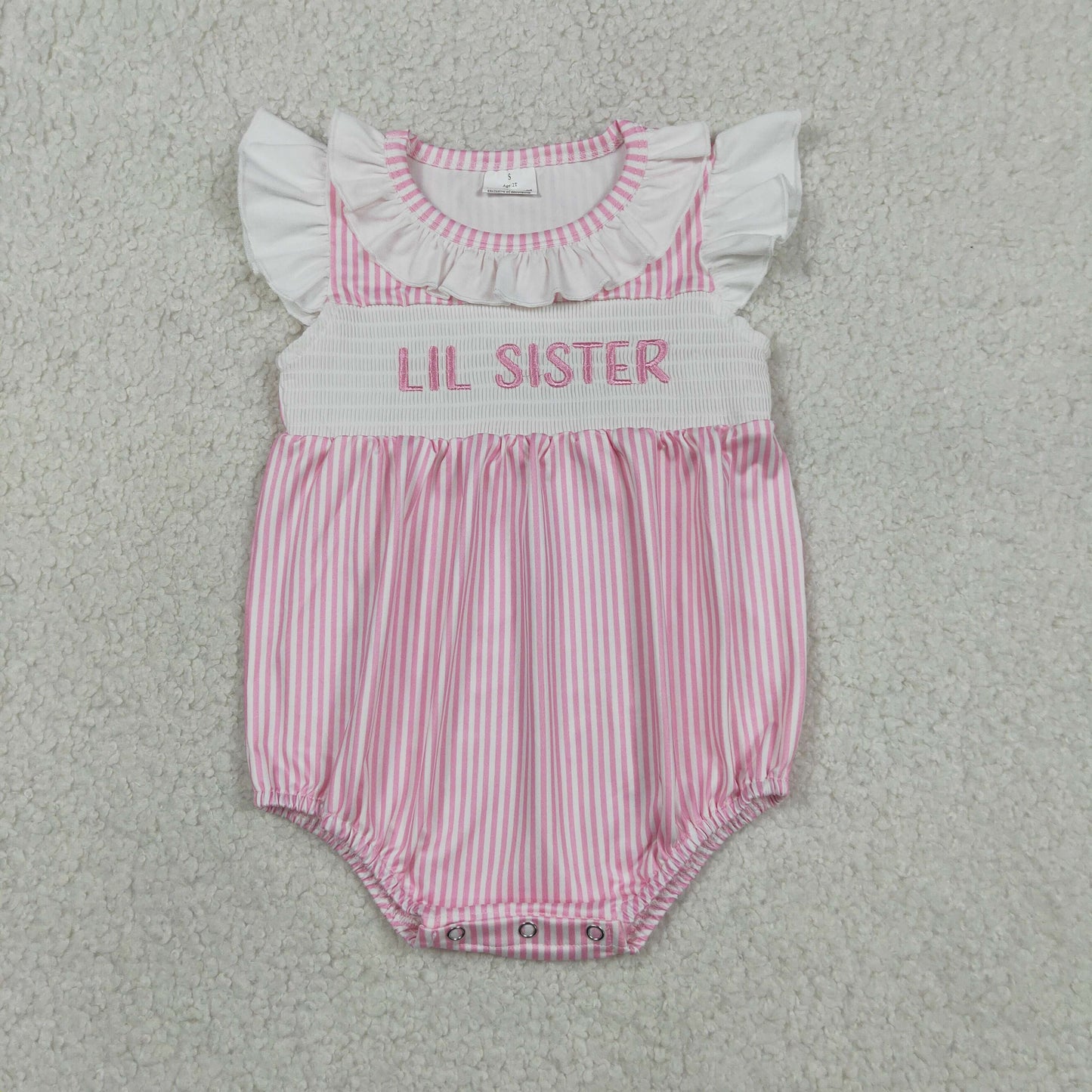 Smocked Little Sister Baby Girls Pink Stripe Collar Ruffle Rompers