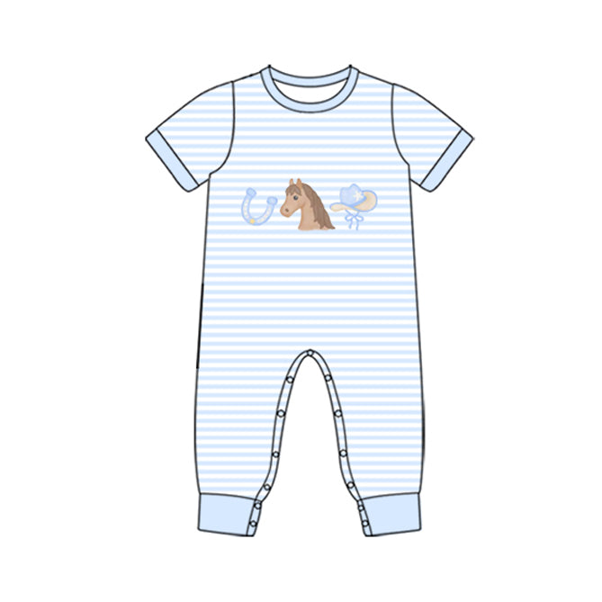 Baby Boys Blue Stripe Horse Hats Western Short Sleeve Footie Rompers Preorder