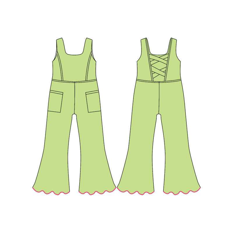 Baby Girls Green Sleeveless Pockets Flare Pants Yoga Jumpsuits Preorder