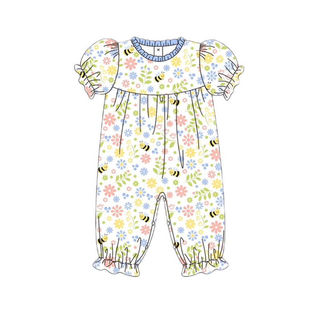 Baby Girls Short Ruffle Sleeve Floral Bee Footie Rompers Preorder