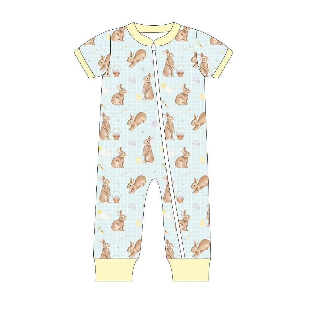 Baby Boys Rabbits Eggs Checked Two Way Zip Convertible Easter Rompers Preorder