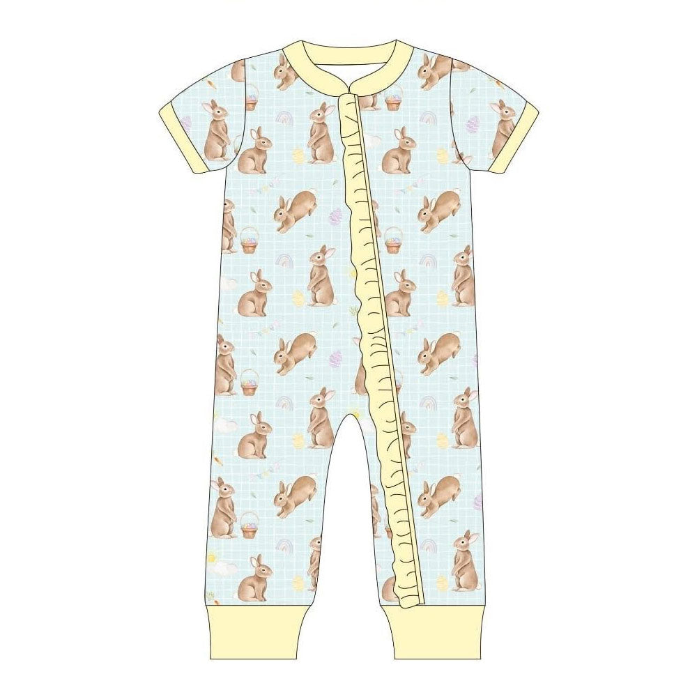 Baby Girls Rabbits Eggs Checked Two Way Ruffle Zip Convertible Easter Rompers Preorder