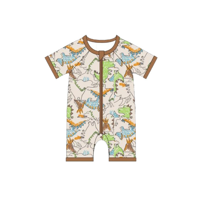 Baby Boys Short Sleeve Dinosaurs Plaid Zipper Rompers Preorder