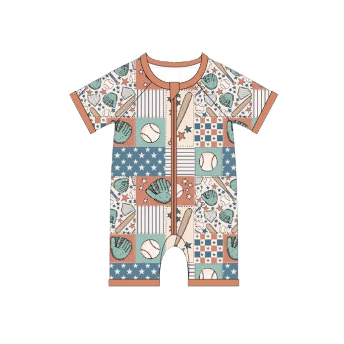 Baby Boys Short Sleeve Baseballs Stars Checked Team Zipper Rompers Preorder
