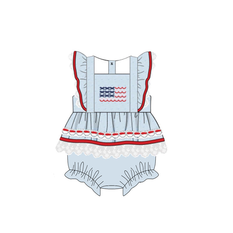 Baby Girls Blue Flutter Sleeve Flags Tunic Bummies 4th of July Ruffle Rompers Preorder