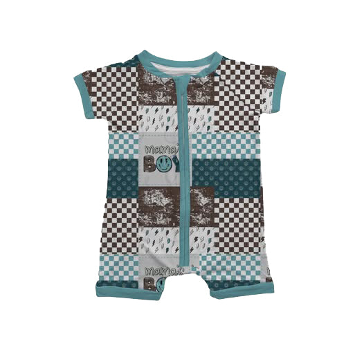 Baby Boys Mama's Boy Lightnings Checked Western Zipper Shorts Rompers Preorder