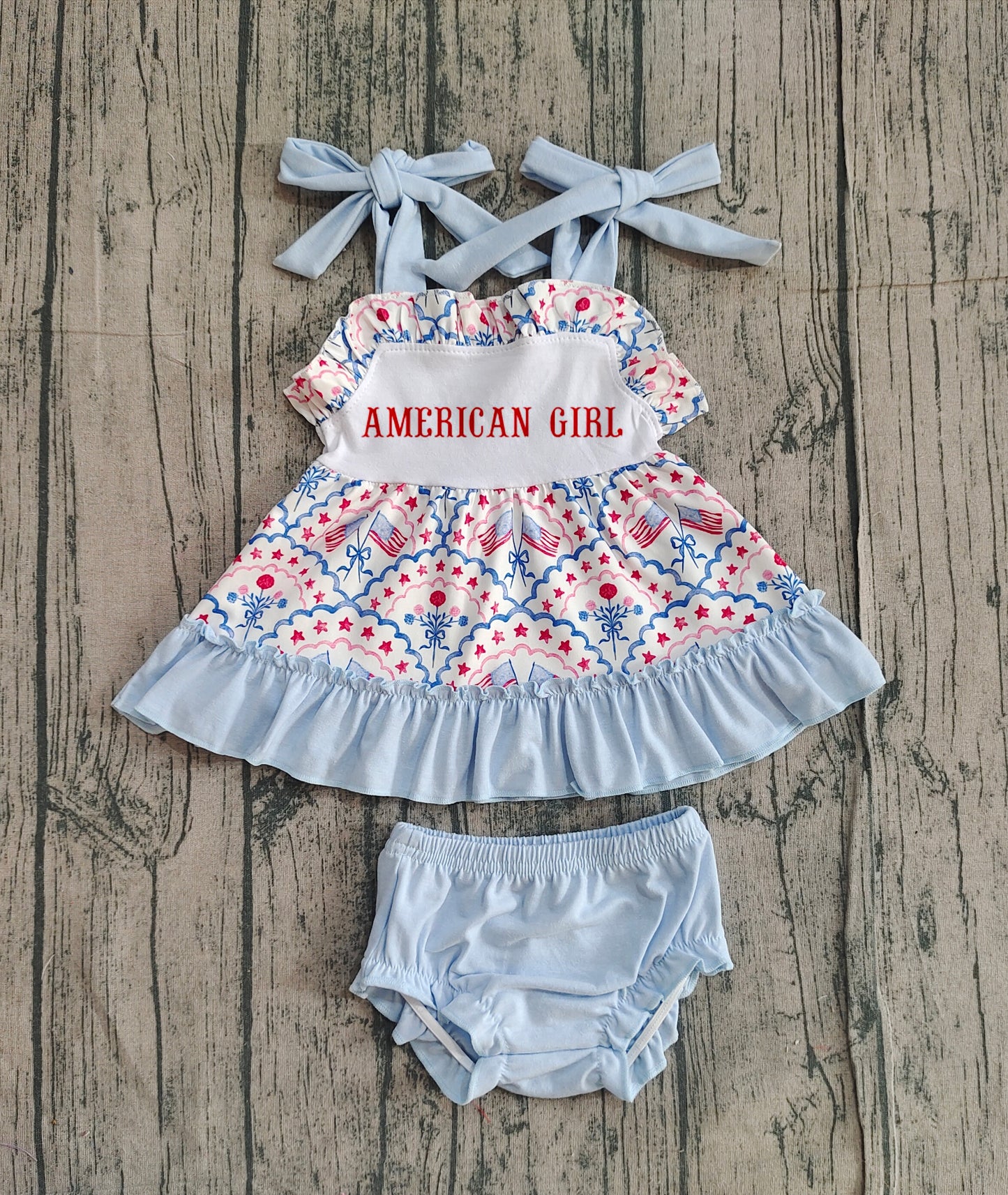 Embroidery American Girls Strap Flags Flowers Tunic Bummies 4th of July Romper Sets