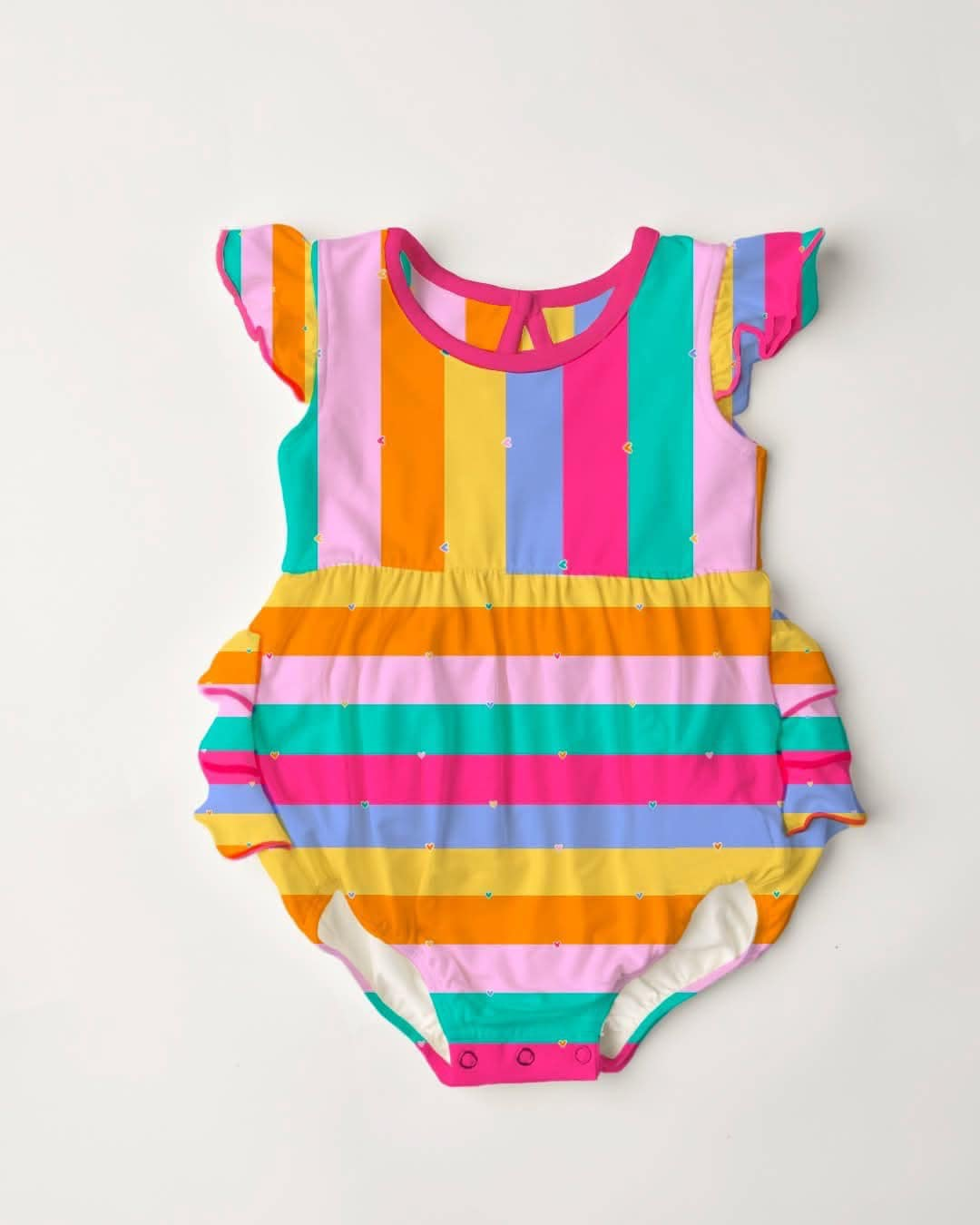 Baby Girls Flutter Sleeve Colorful Stripe Valentines Bubbly Ruffle Rompers Preorder