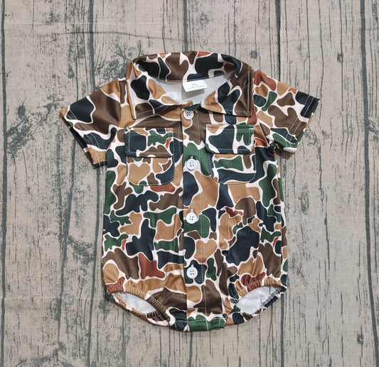 Baby Boys Southern Dark Brown Camo Button Pockets Rompers