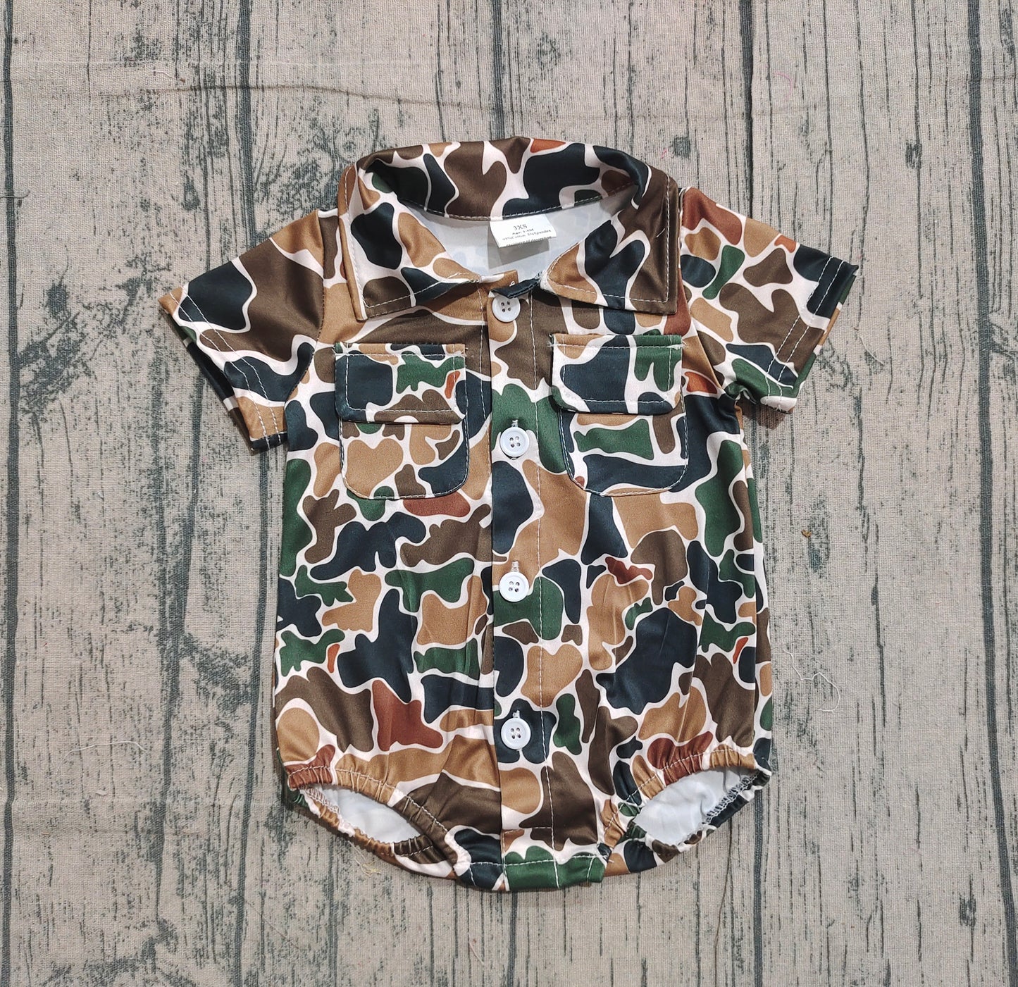 Baby Boys Southern Dark Brown Camo Button Pockets Rompers