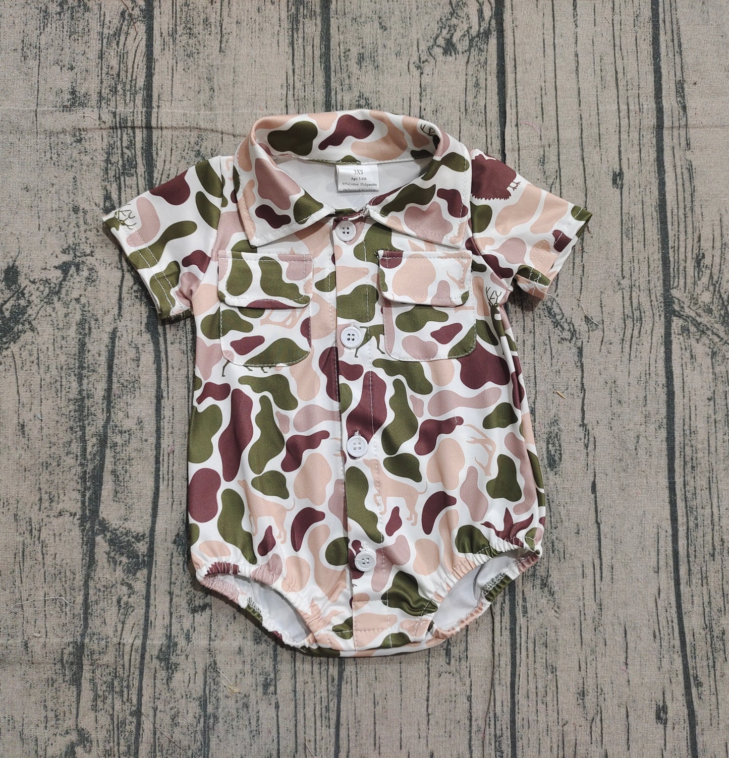 Baby Boys Southern Dogs Ducks Deer Camo Button Pockets Rompers Preorder