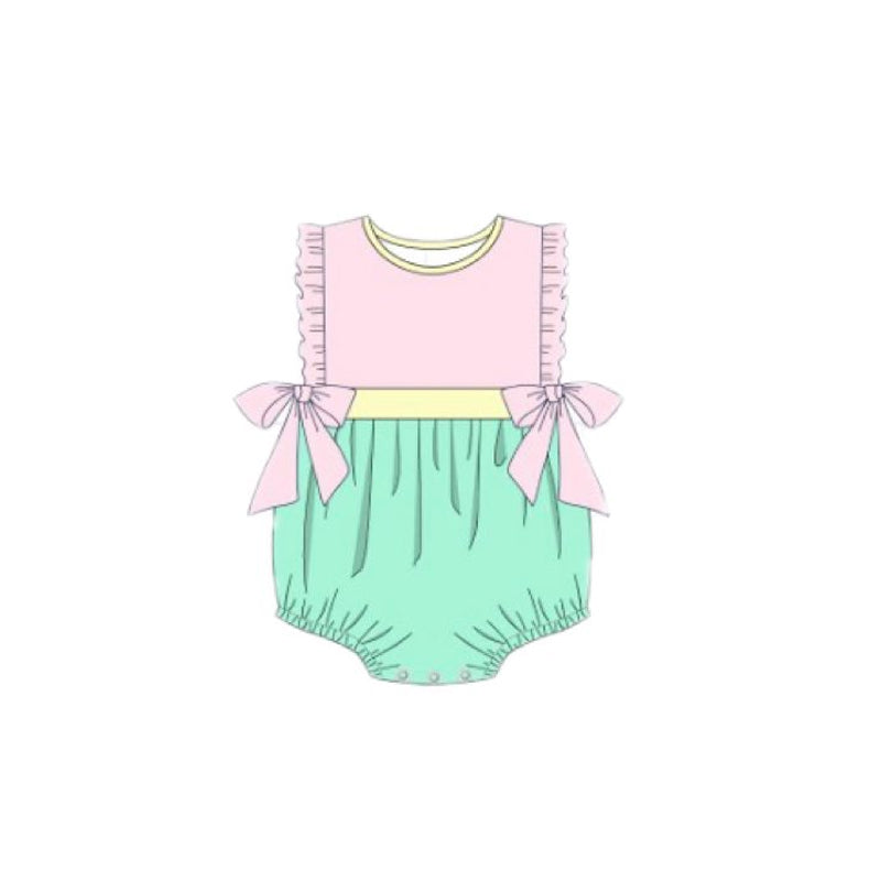 Baby Girls Sleeveless Pink Yellow Aqua Bows Ruffle Rompers Preorder