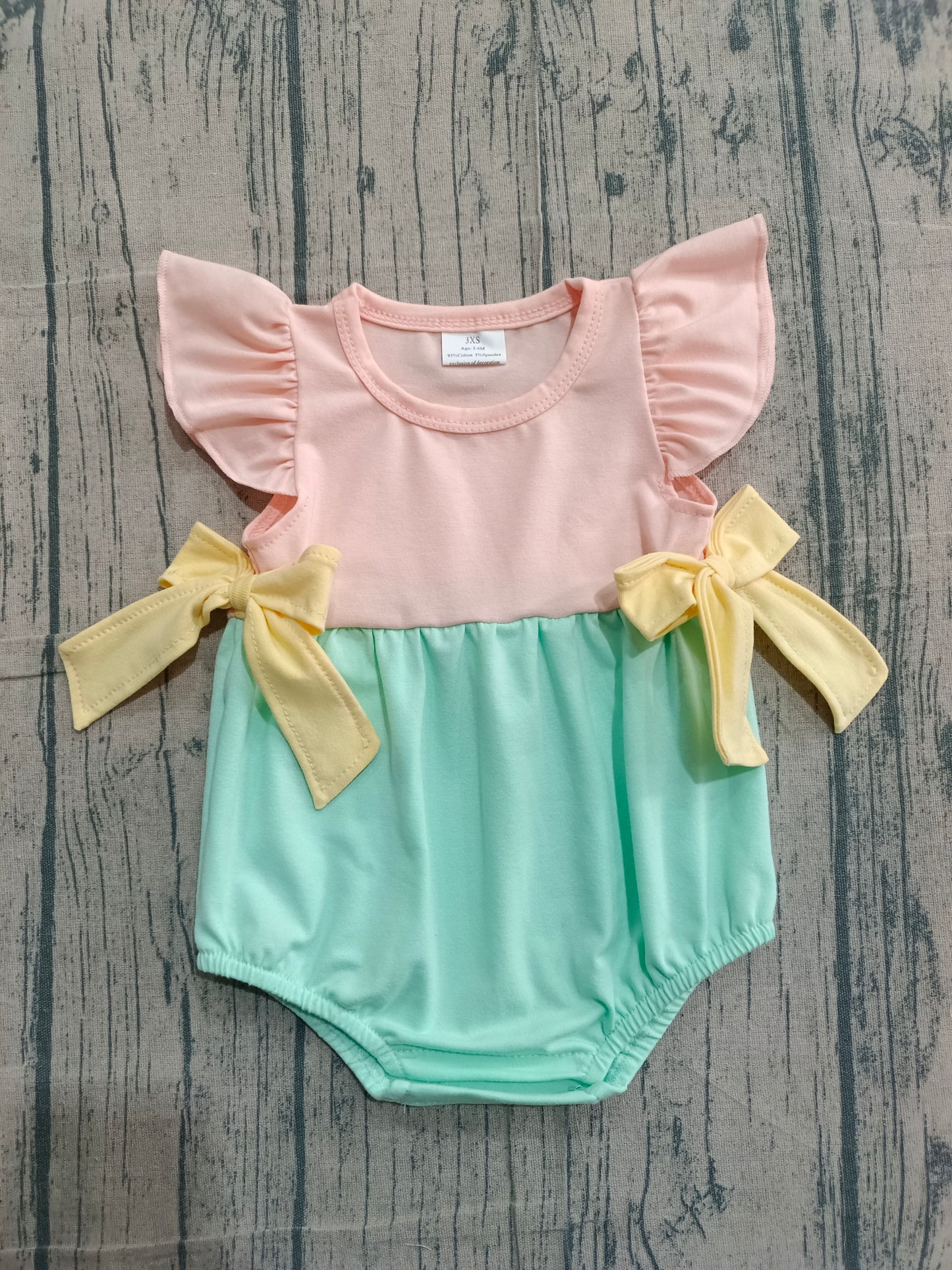 Baby Girls Flutter Sleeve Pink Aqua Patchwork Ruffle Rompers