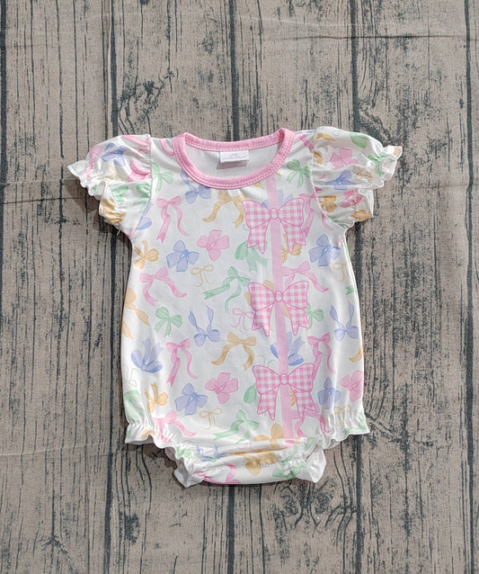Baby Girls Short Sleeve Colorful Bows Button Ruffle Rompers