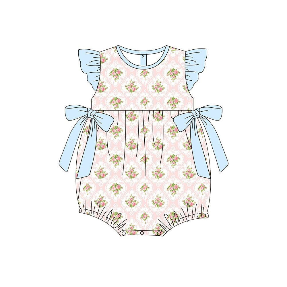 Baby Girls Flutter Sleeve Bows Flowers Checked Ruffle Rompers Preorder