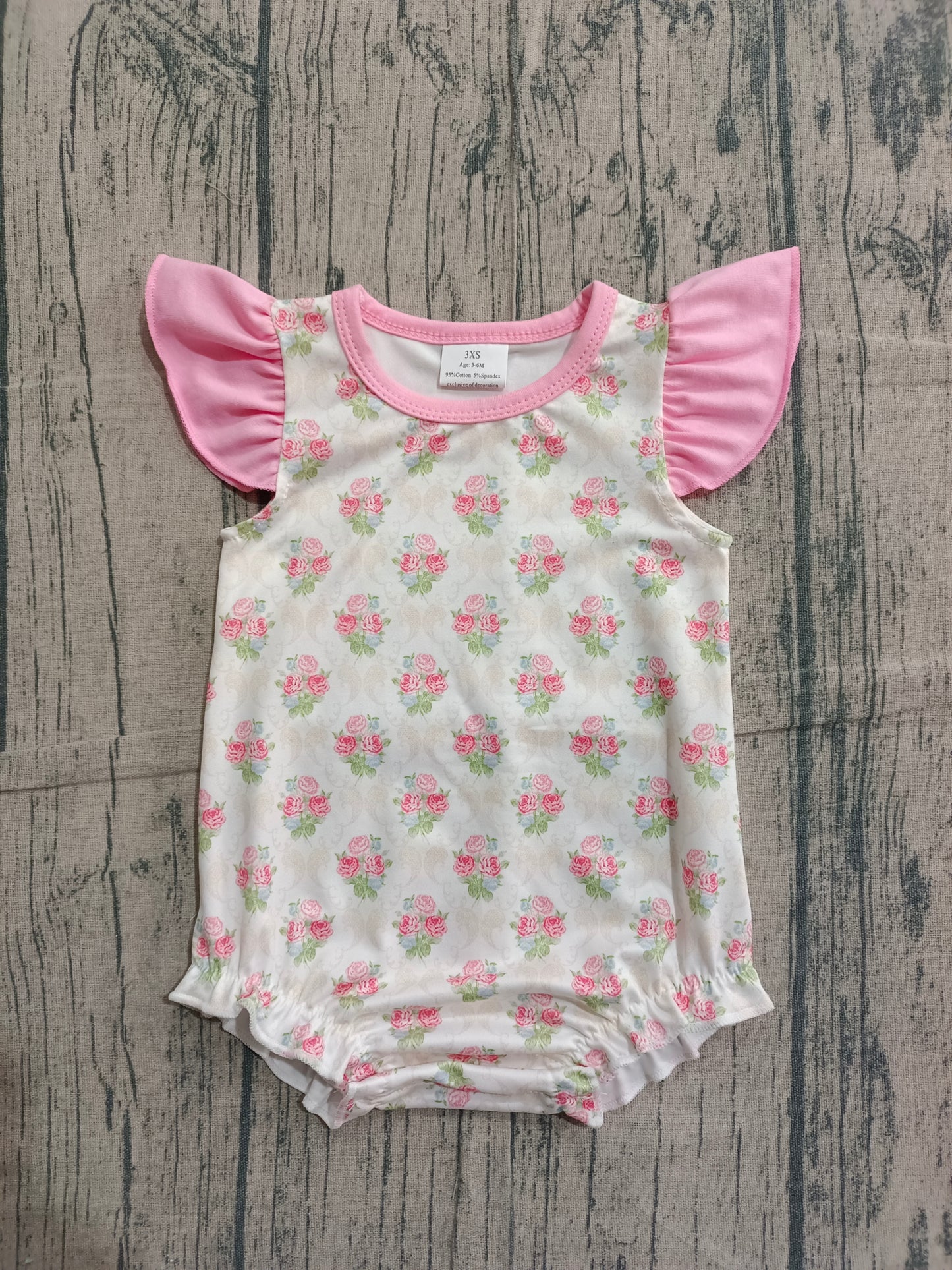Baby Girls Pink Flutter Sleeve Flowers Checked Ruffle Rompers