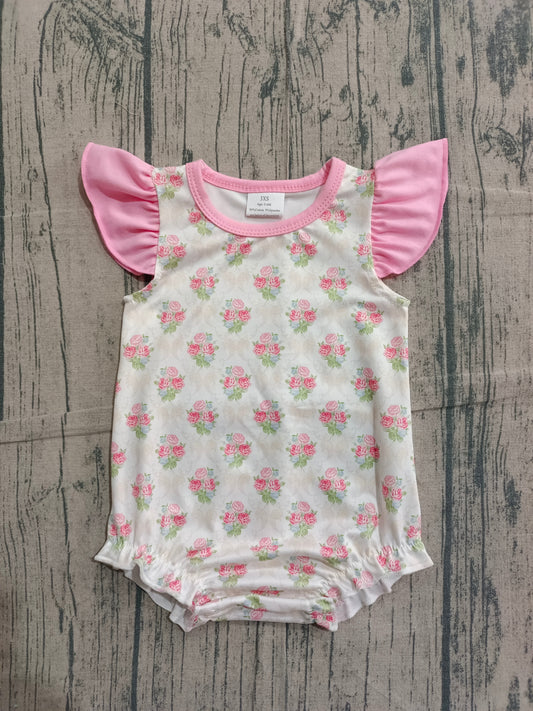Baby Girls Pink Flutter Sleeve Flowers Checked Ruffle Rompers