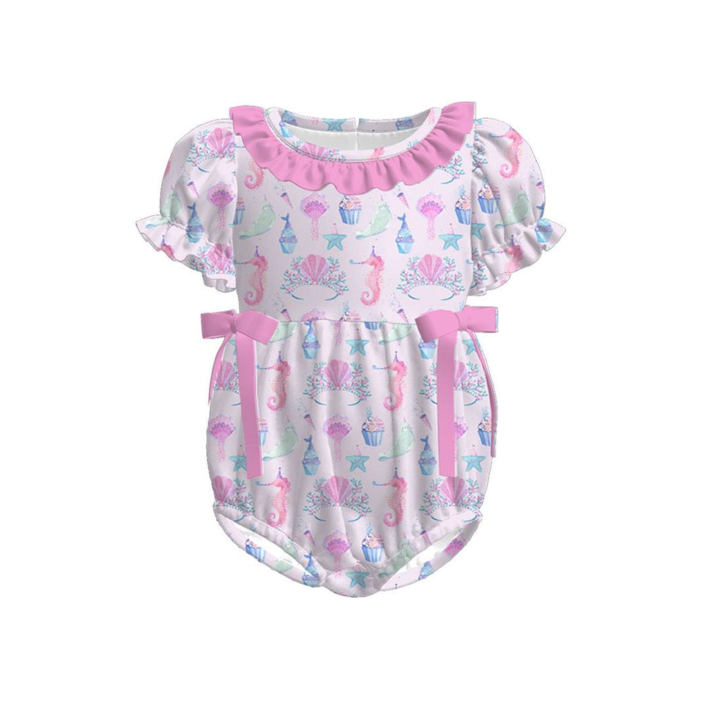 Baby Girls Pink Sea World Shells Bows Ruffle Collar Rompers Preorder