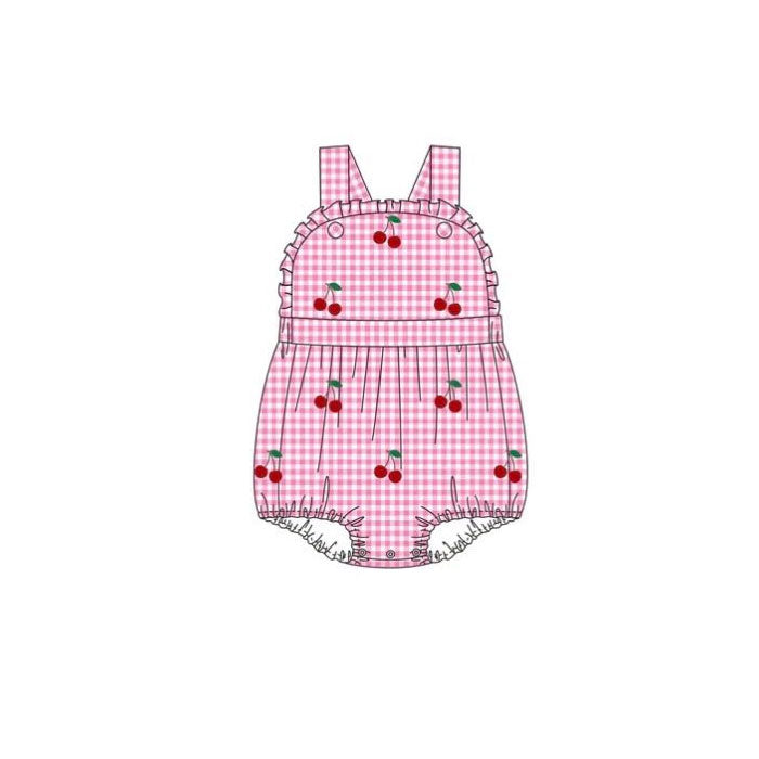 Baby Girls Strap Pink Checked Cherry Ruffle Rompers Preorder