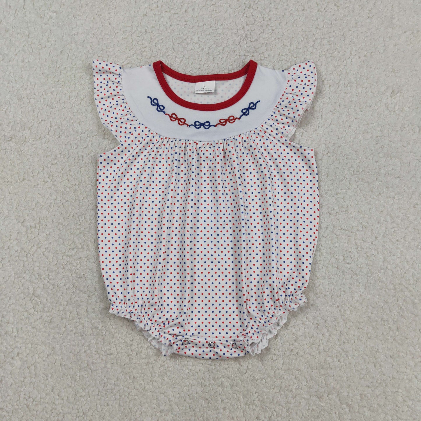 Embroidery Bows Baby Flutter Sleeve Girls Blue Red Polka Dots Ruffle Rompers