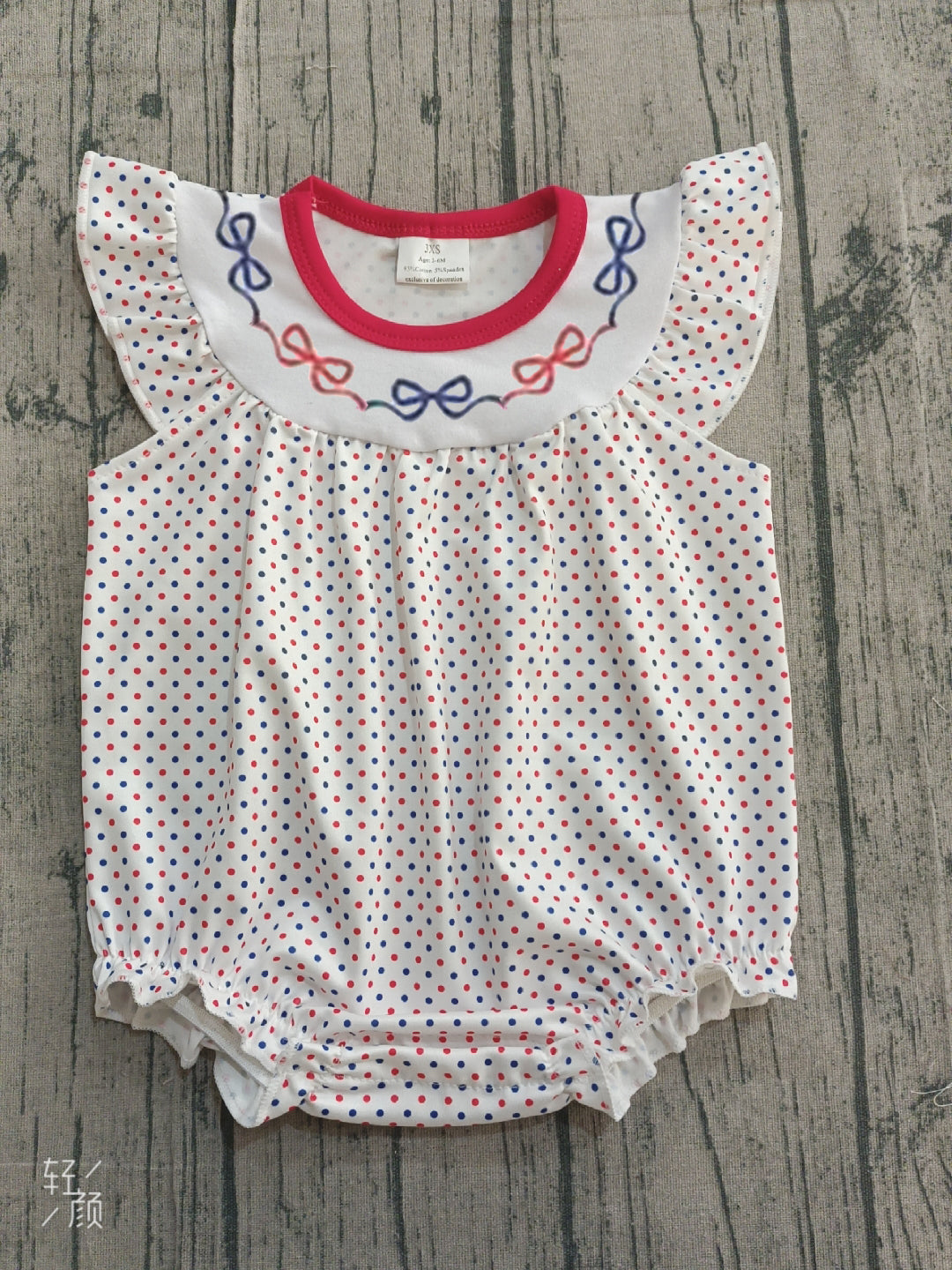 Embroidery Bows Baby Girls Blue Red Polka Dots 4th of July Ruffle Rompers Preorder