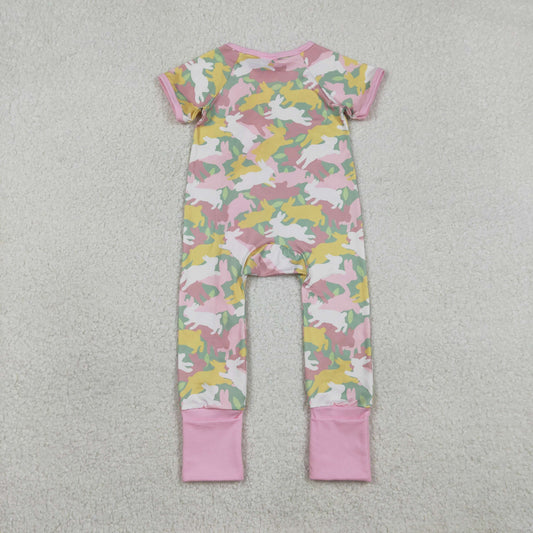Baby Girls Rabbits Camo Easter Two Way Zip Convertible Rompers