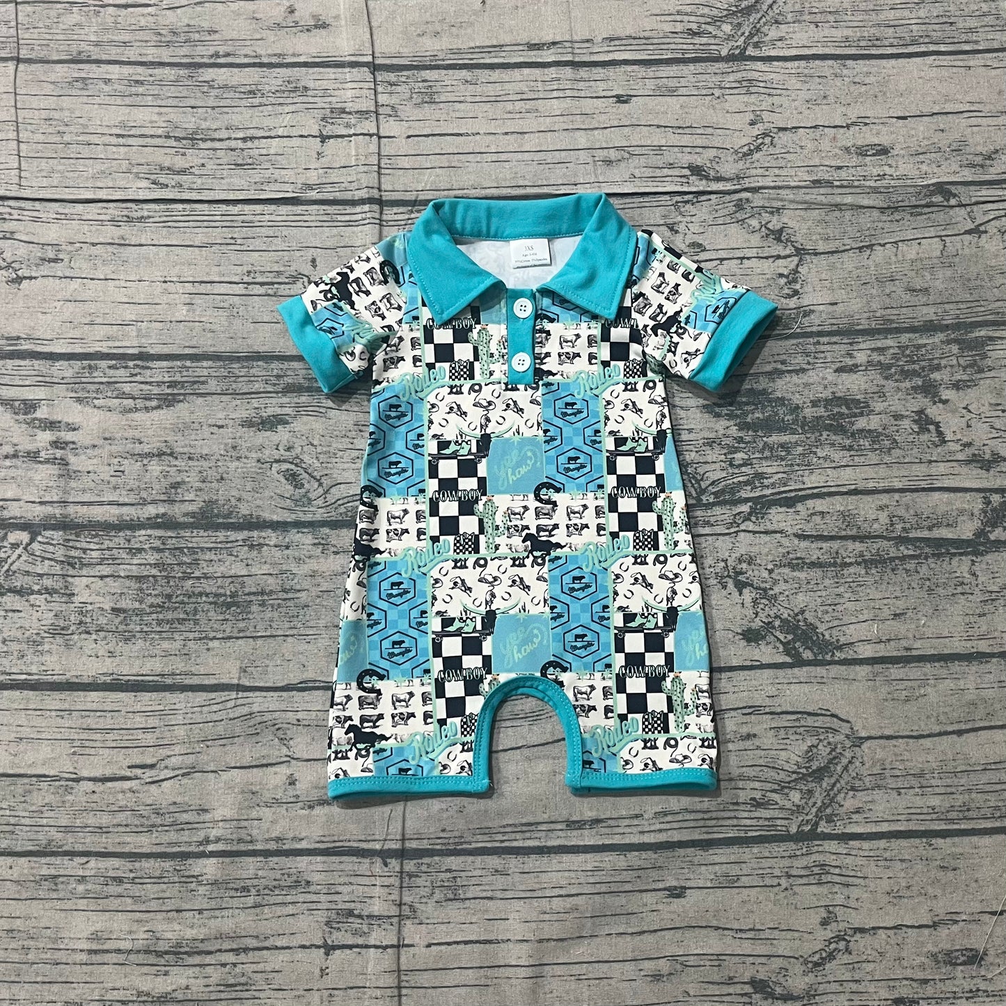 Baby Boys Short Sleeve Boot Horses Cowboy Western Button Rompers