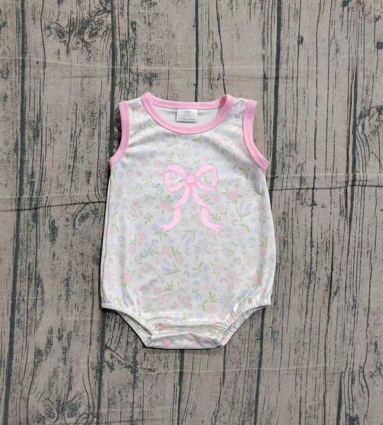 Embroidery Pink Floral Bow Baby Girls Sleeveless Ruffle Rompers Preorder