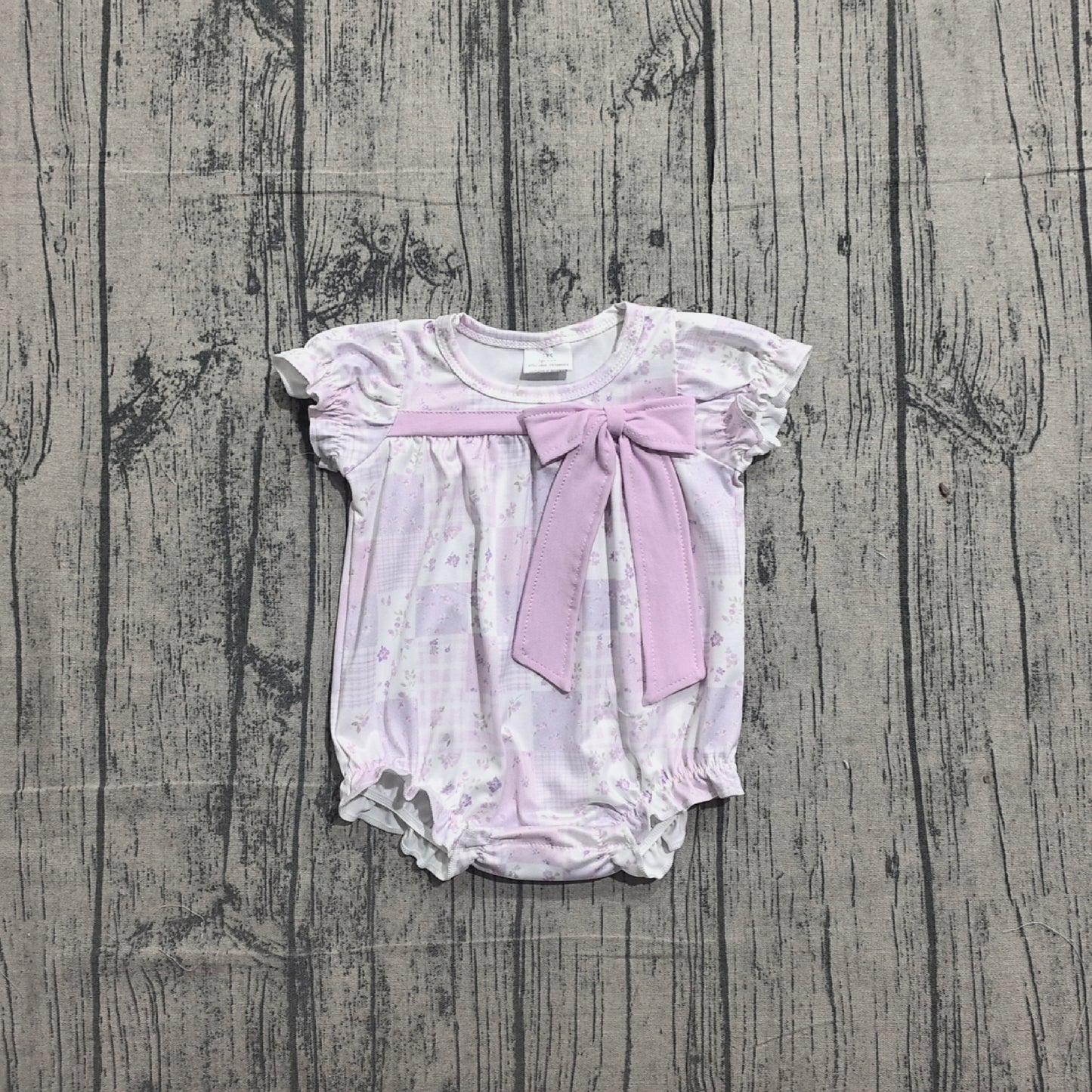 Baby Girls Short Sleeve Flowers Checked Bow Top Ruffle Rompers