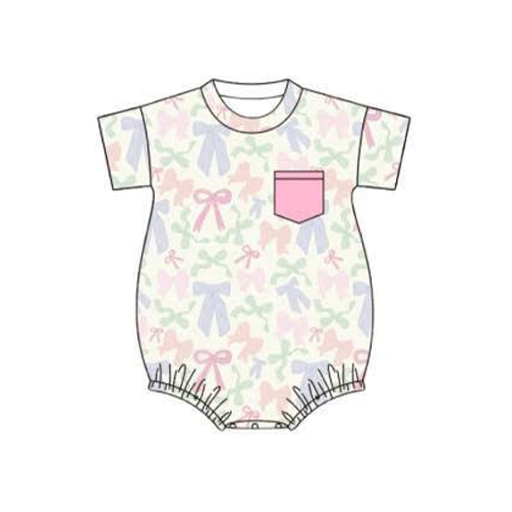 Baby Girls Short Sleeve Colorful Bows Plaid Pockets Ruffle Rompers Preorder