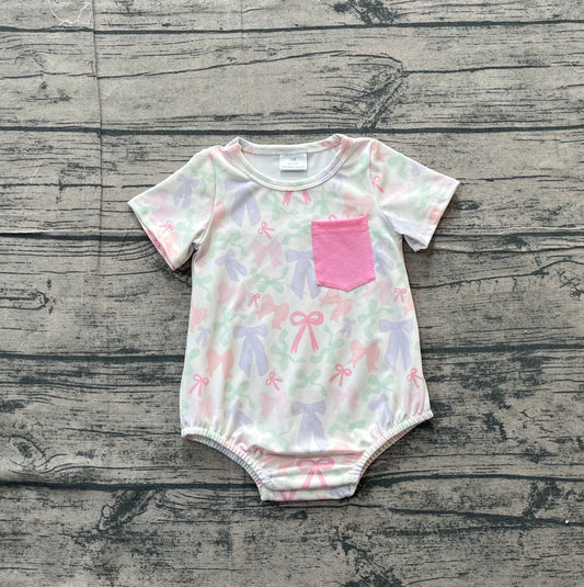 Baby Girls Short Sleeve Colorful Bows Pockets Ruffle Rompers