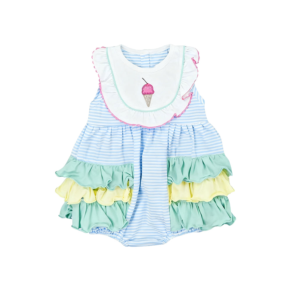 Baby Girls Sleeveless Blue Stripe Ice Cream Bubbly Ruffle Rompers Preorder
