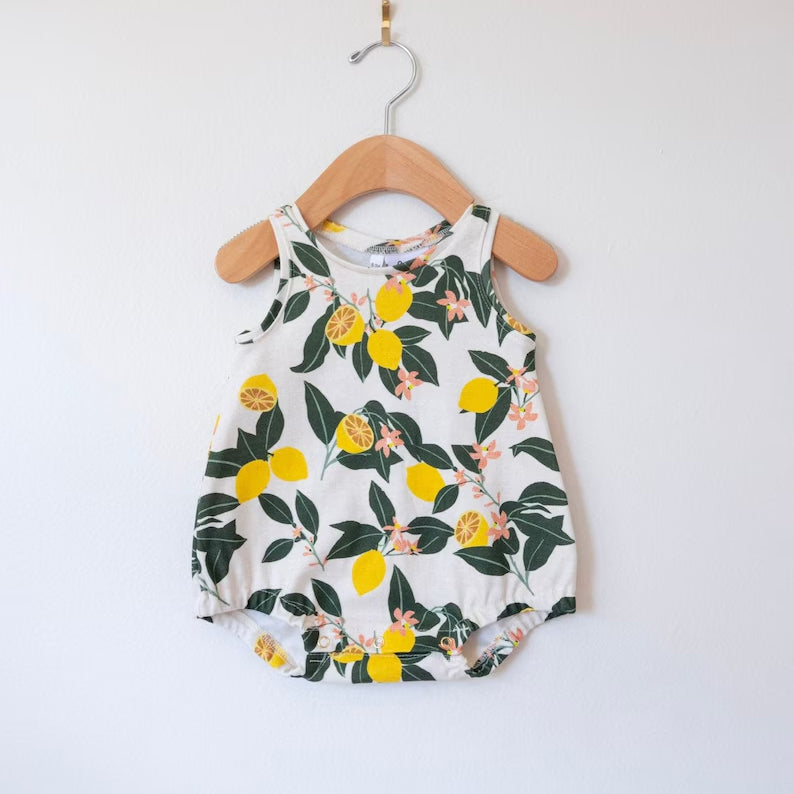 Baby Girls Sleeveless Lemons Flowers Ruffle Rompers Preorder