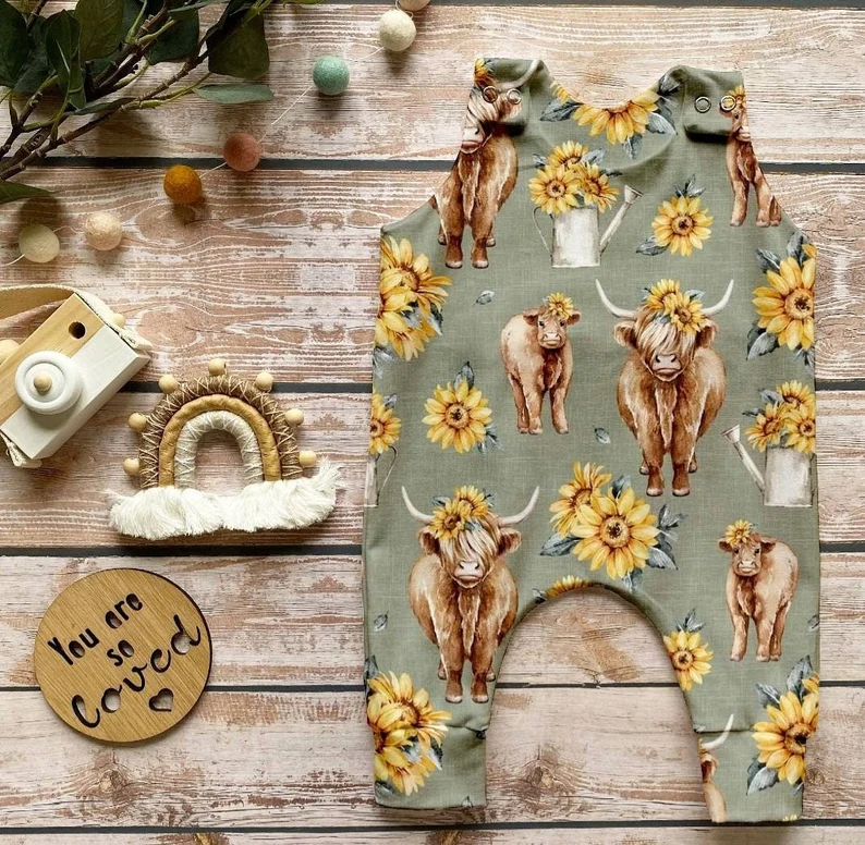 Baby Boys Sleeveless Sunflowers Highland Cows Western Footie Rompers Preorder