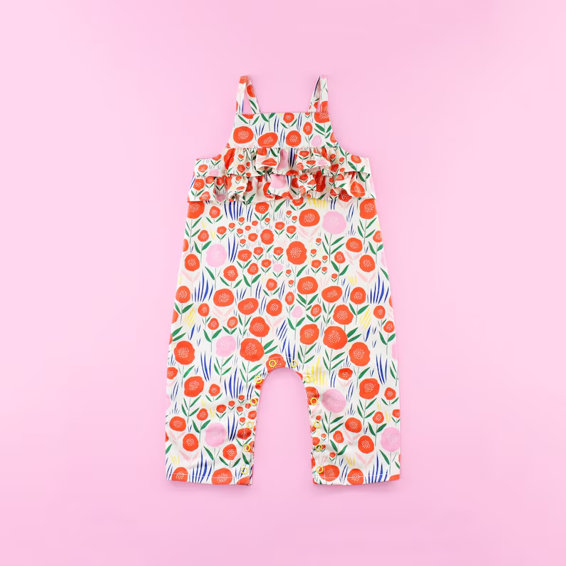 Baby Girls Strap Colorful Flowers Ruffle Footie Rompers Preorder