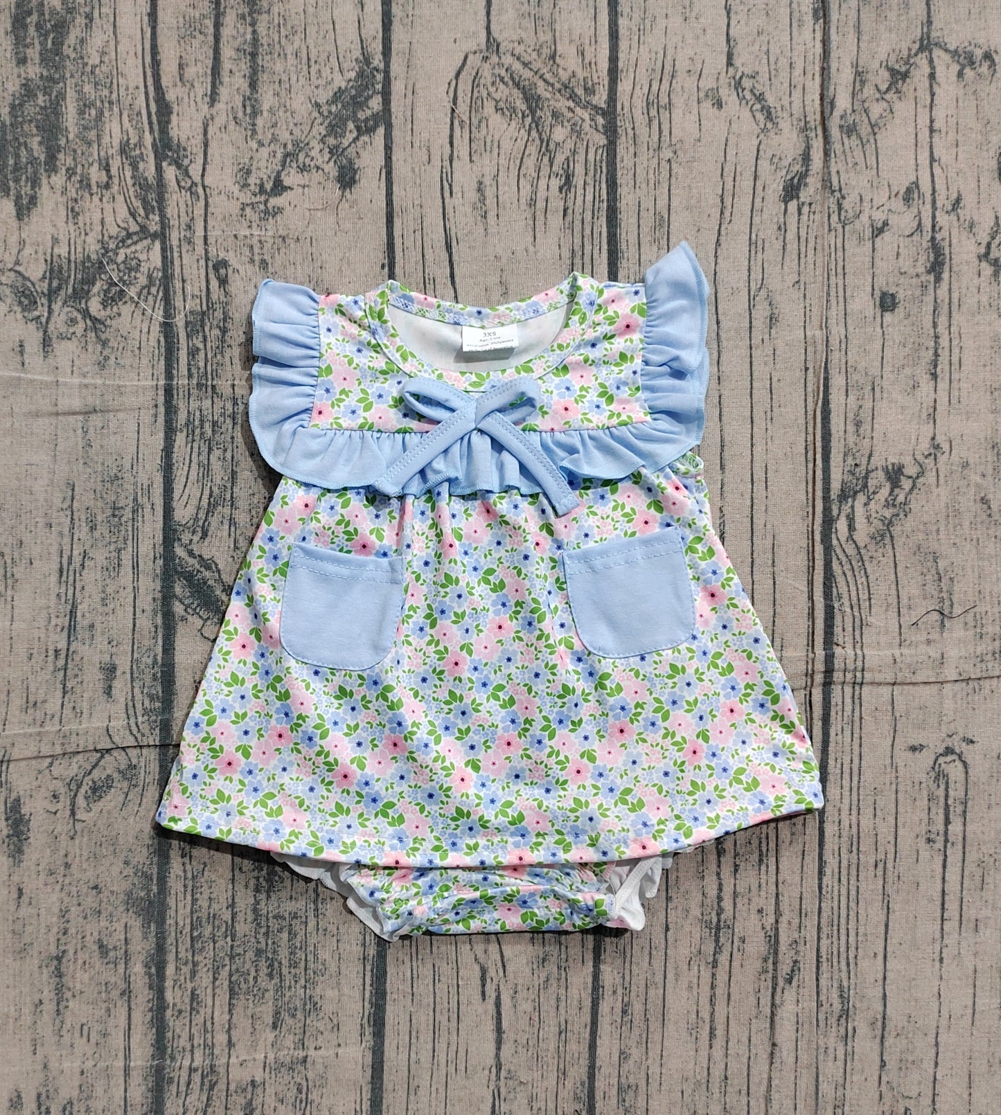 Baby Girls Sleeveless Flowers Pockets Tunic Bummies Ruffle Rompers