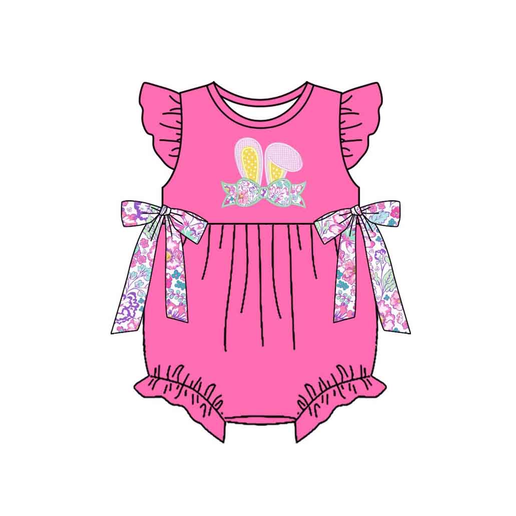 Baby Girls Flutter Sleeve Floral Rabbits Bows Easter Ruffle Rompers Preorder