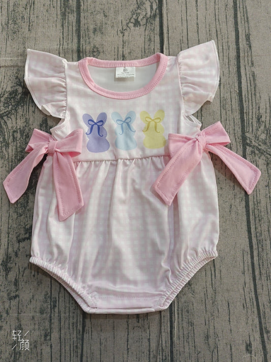 Baby Girls Pink Checked Rabbits Bows Easter Ruffle Rompers