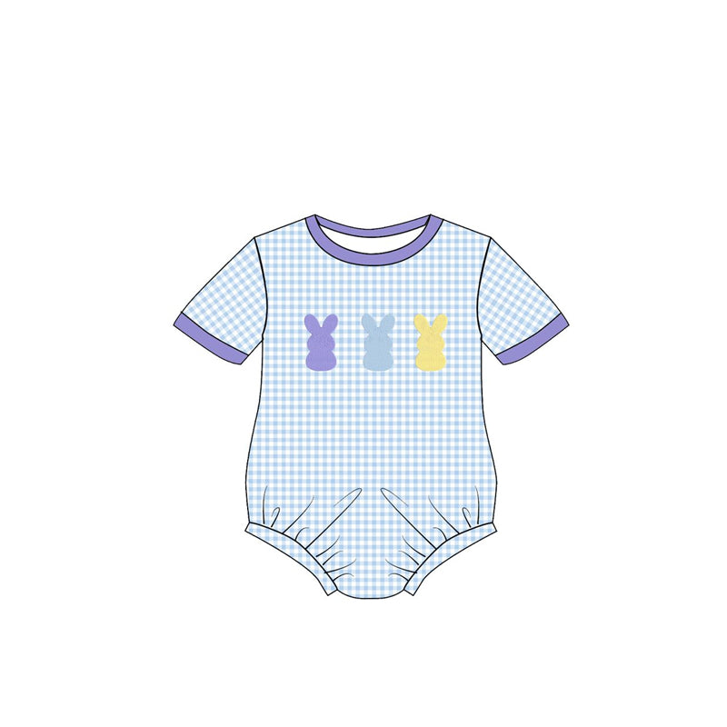 Baby Boys Blue Checked Rabbits Easter Rompers Preorder