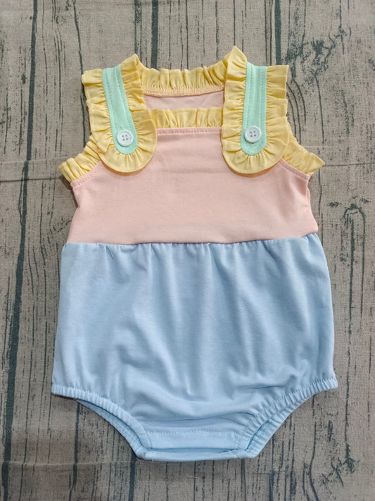 Baby Girls Sleeveless Pink Blue Patchwork Ruffle Rompers