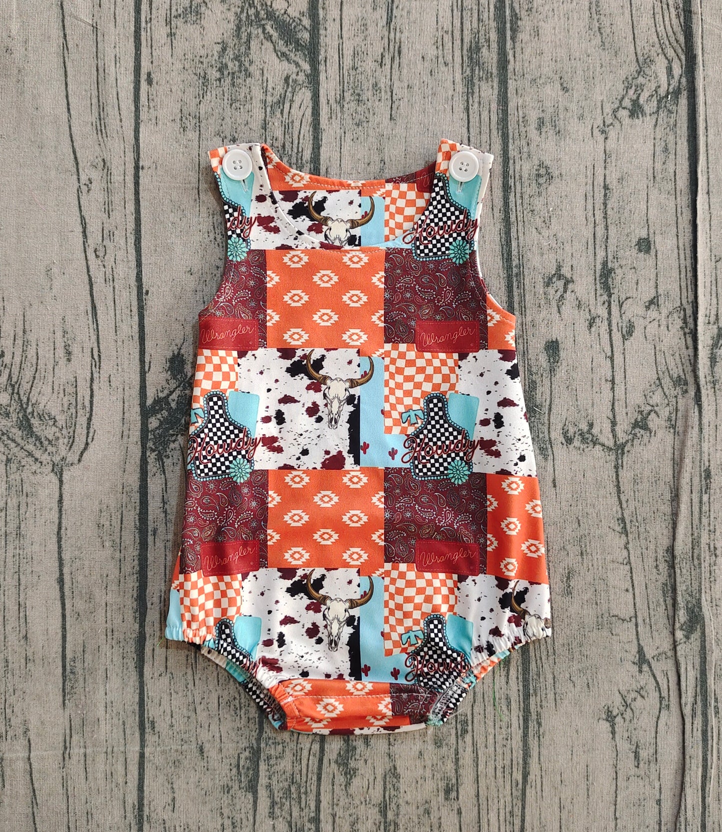 Baby Boys Sleeveless Aztec Bull Skulls Checked Western Rompers