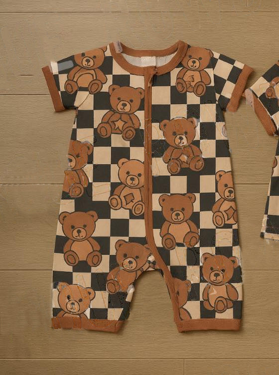 Baby Boys Black Checked Bears Zipper Shorts Rompers Preorder