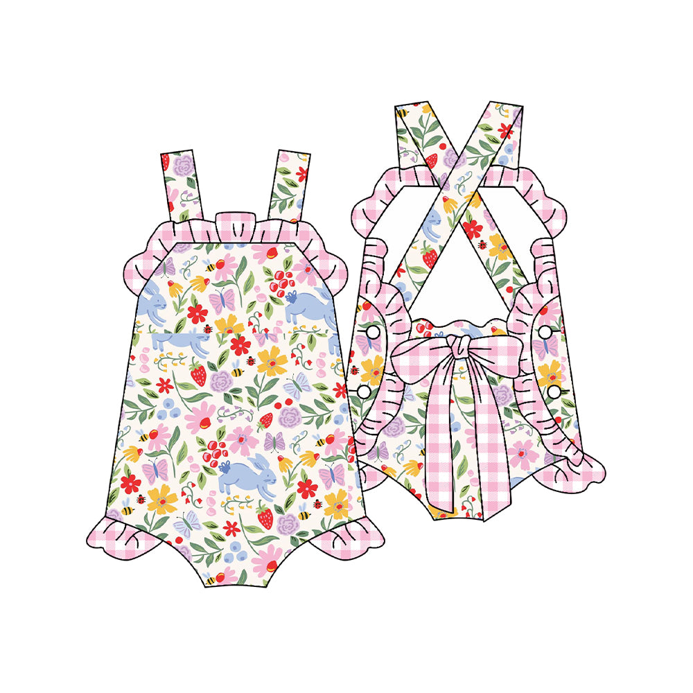 Baby Girls Strap Colorful Rabbit Flowers Back Bow Easter Ruffle Rompers Preorder